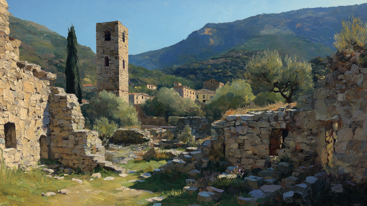 Mediterranean Village Mural Wallpaper | Stone Tower Ruins