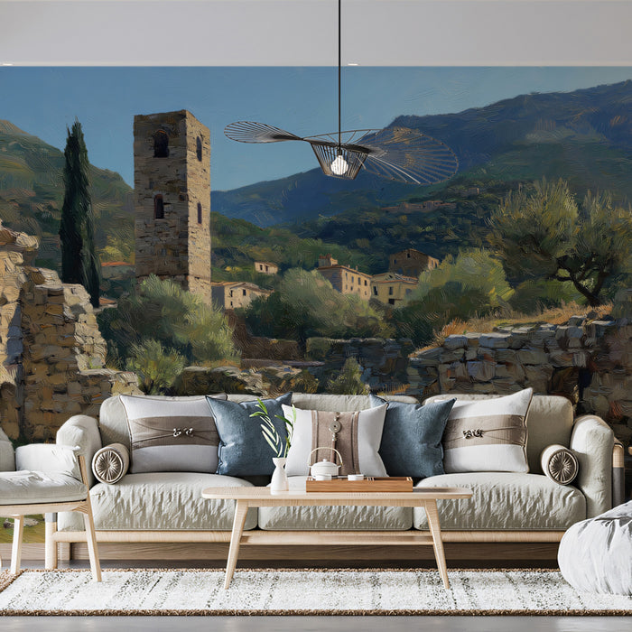 Mediterranean Village Mural Wallpaper | Stone Tower Ruins