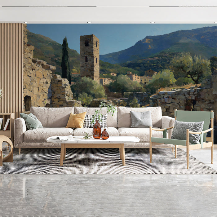 Mediterranean Village Mural Wallpaper | Stone Tower Ruins