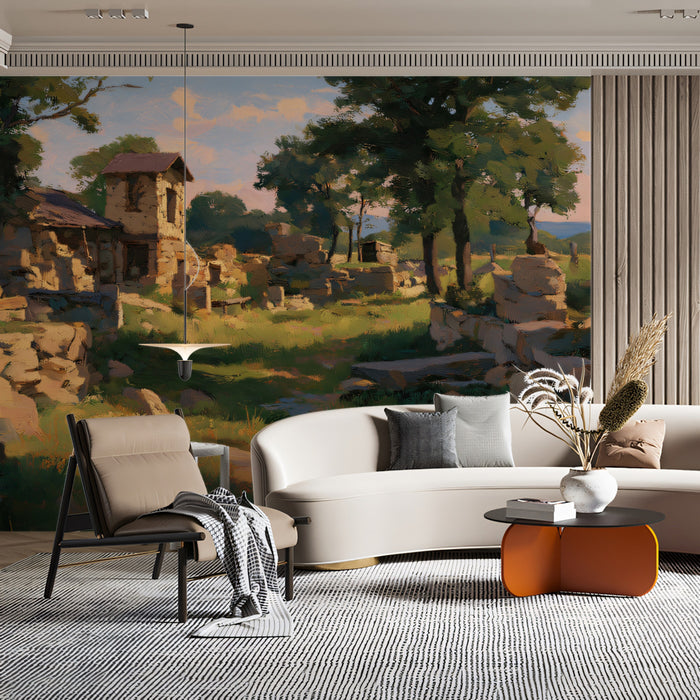 Pastoral Landscape Mural Wallpaper | Sunset Stone Ruins