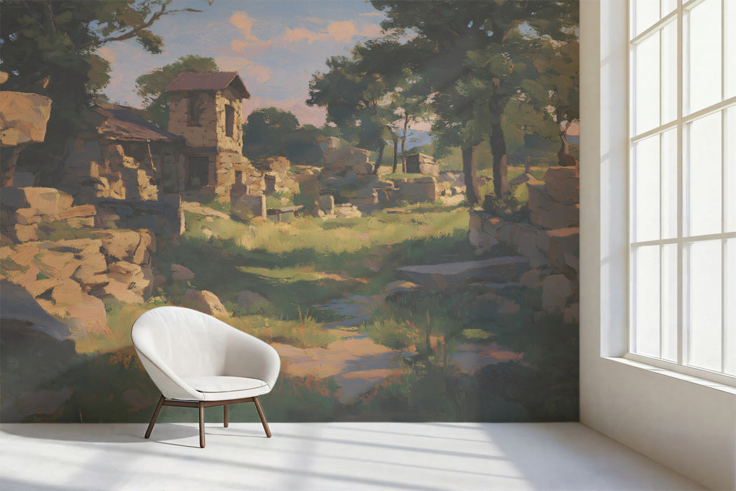Pastoral Landscape Mural Wallpaper | Sunset Stone Ruins