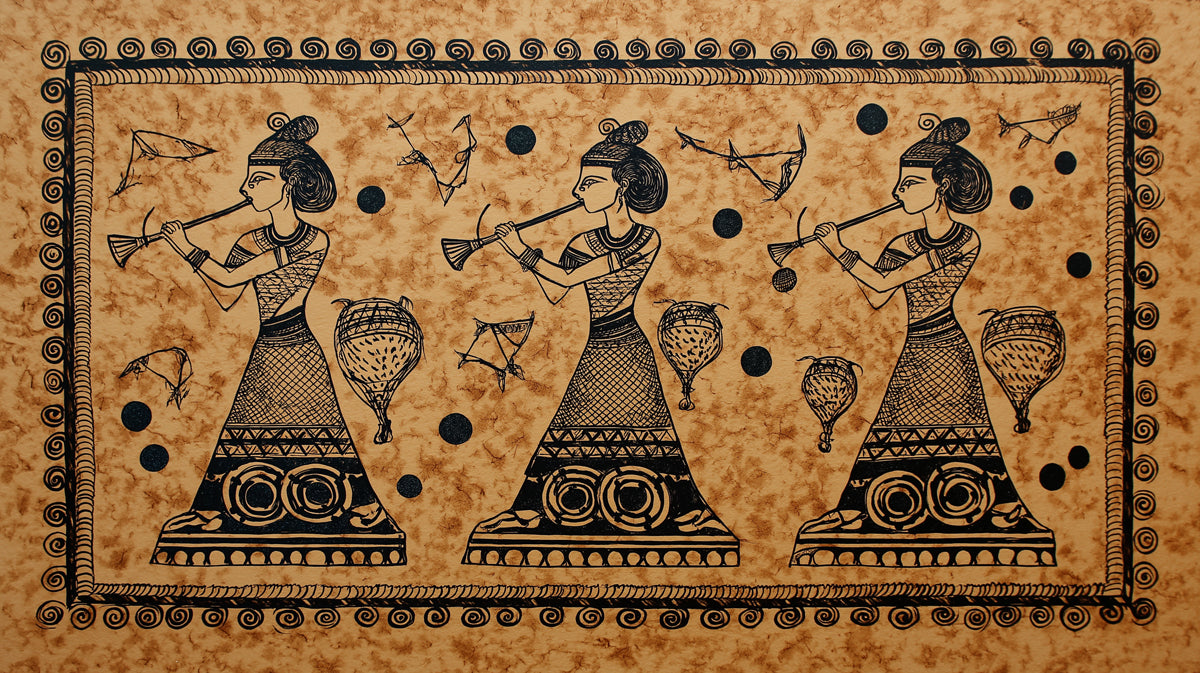 Ancient Art Mural Wallpaper | Flute Players Illustration
