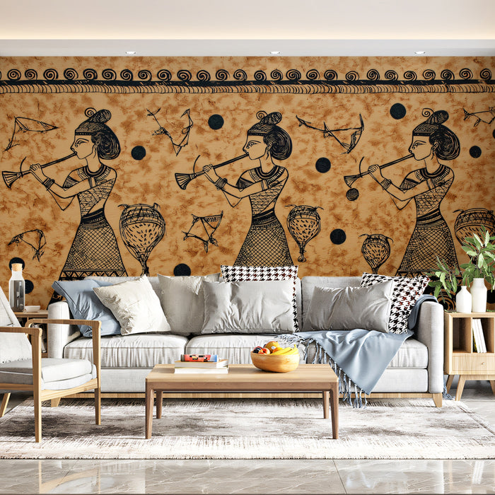 Ancient Art Mural Wallpaper | Flute Players Illustration