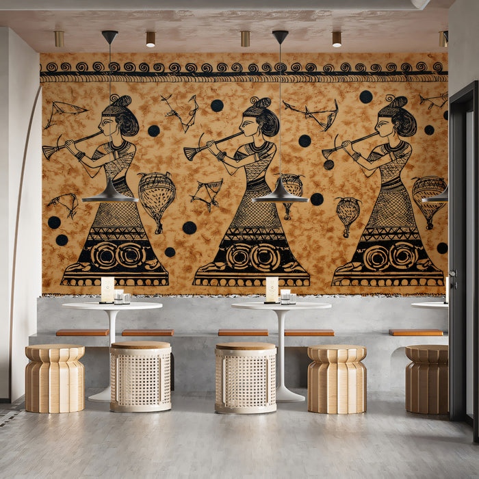 Ancient Art Mural Wallpaper | Flute Players Illustration