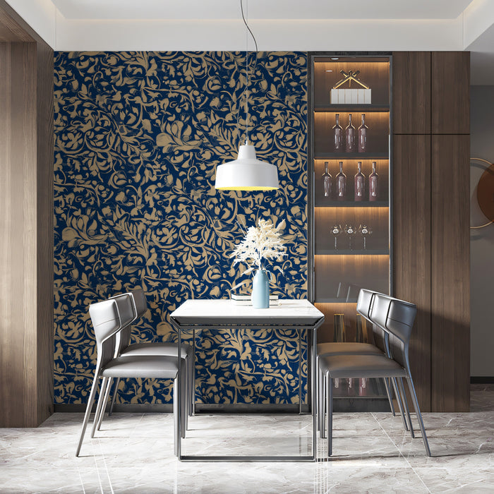 Baroque Scroll Mural Wallpaper | Navy & Gold Filigree