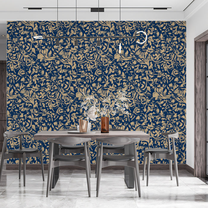 Baroque Scroll Mural Wallpaper | Navy & Gold Filigree