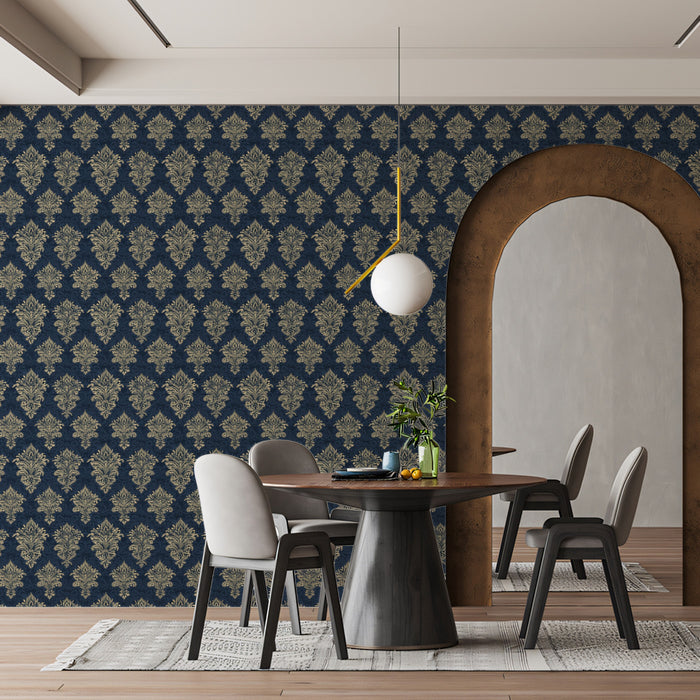 Traditional Crest Mural Wallpaper | Navy & Gold Fleur-de-lis