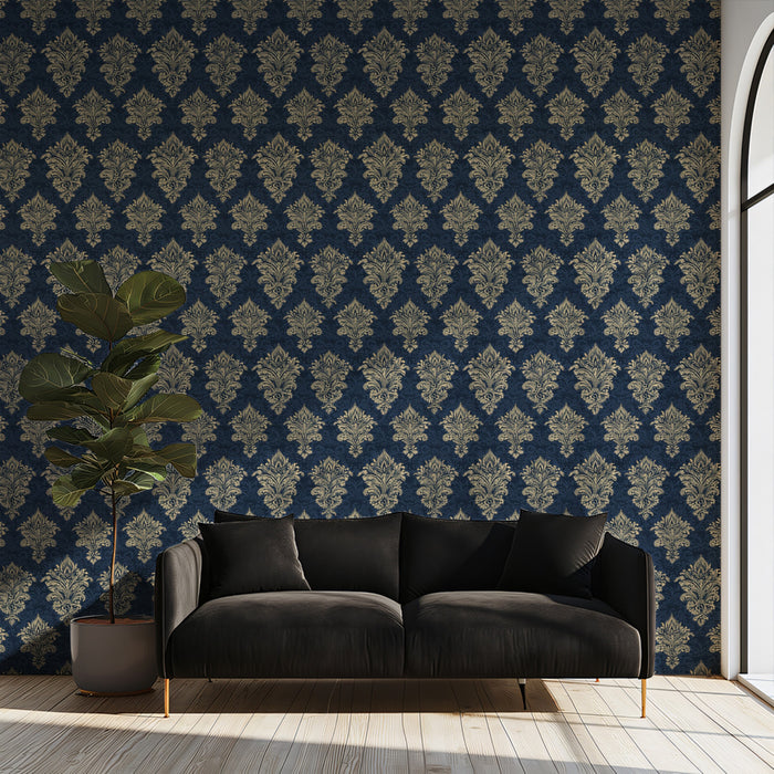 Traditional Crest Mural Wallpaper | Navy & Gold Fleur-de-lis
