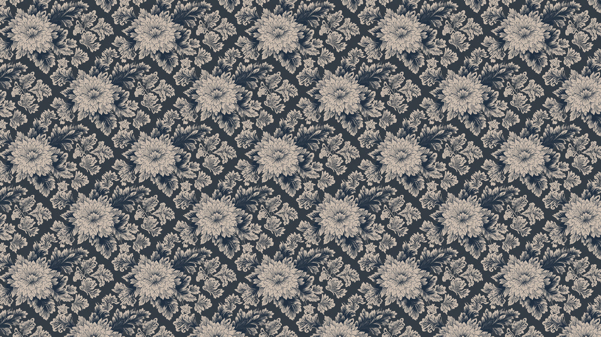 Vintage Peony Mural Wallpaper | Navy & Beige Detailed Bloom