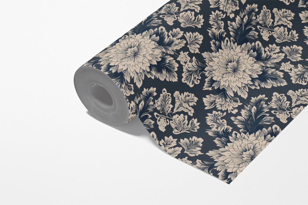 Vintage Peony Mural Wallpaper | Navy & Beige Detailed Bloom