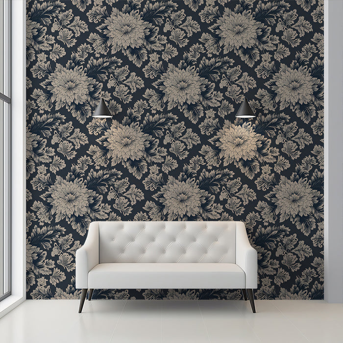 Vintage Peony Mural Wallpaper | Navy & Beige Detailed Bloom
