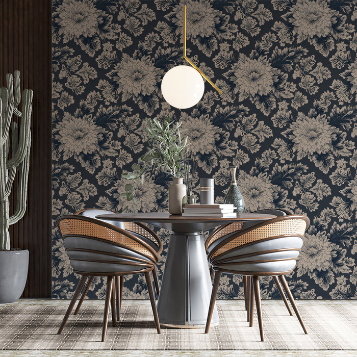 Vintage Peony Mural Wallpaper | Navy & Beige Detailed Bloom