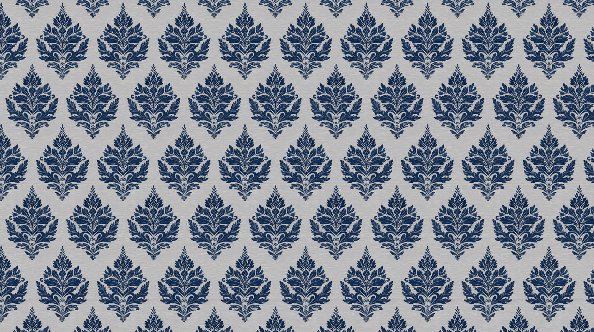 Mural de papel pintado damasco clásico | Escudo ornamentado en azul marino y gris