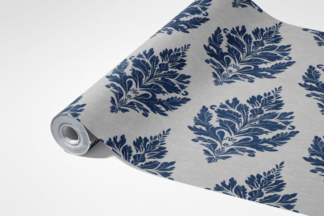 Mural de papel pintado damasco clásico | Escudo ornamentado en azul marino y gris