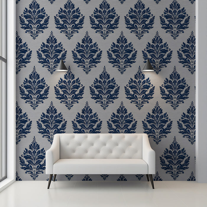 Mural de papel pintado damasco clásico | Escudo ornamentado en azul marino y gris