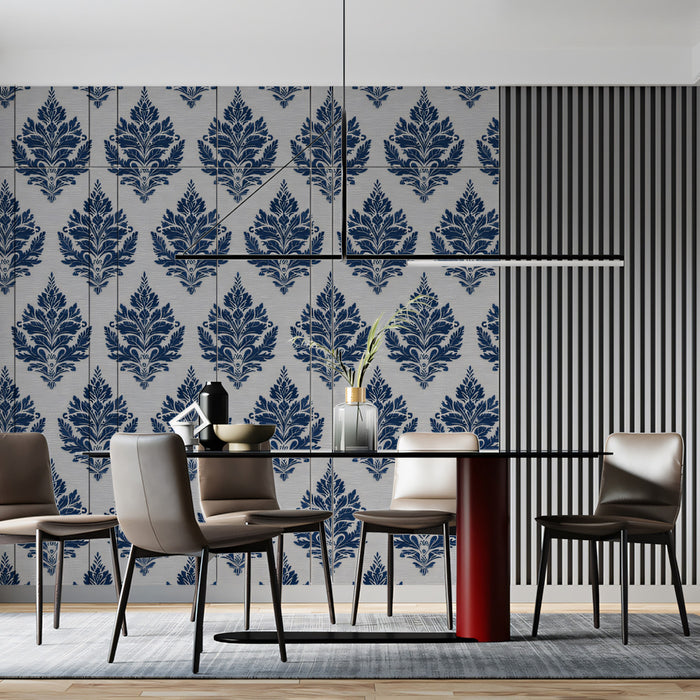 Mural de papel pintado damasco clásico | Escudo ornamentado en azul marino y gris