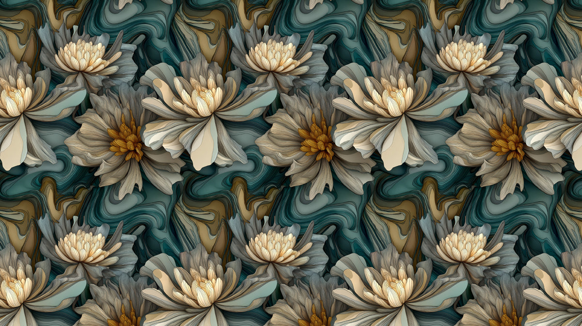 Artistic Floral Mural Wallpaper | Teal & Gold Abstract Peony