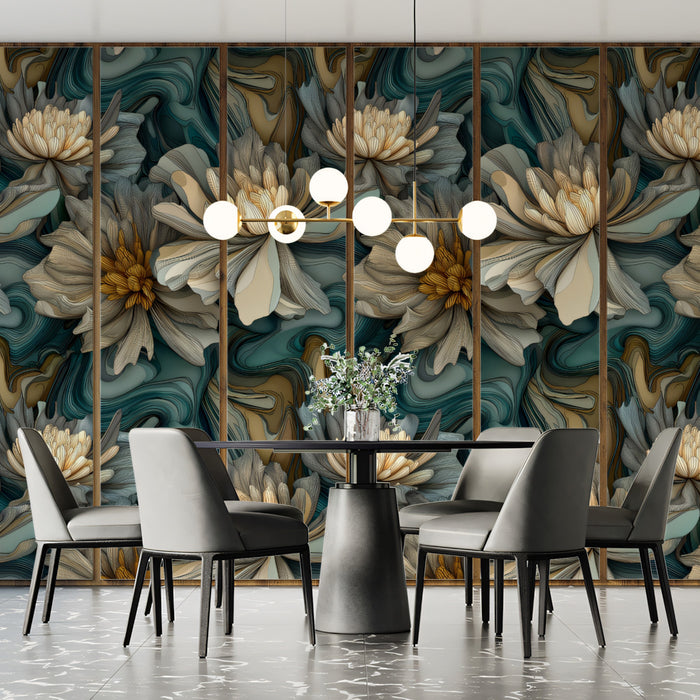 Artistic Floral Mural Wallpaper | Teal & Gold Abstract Peony
