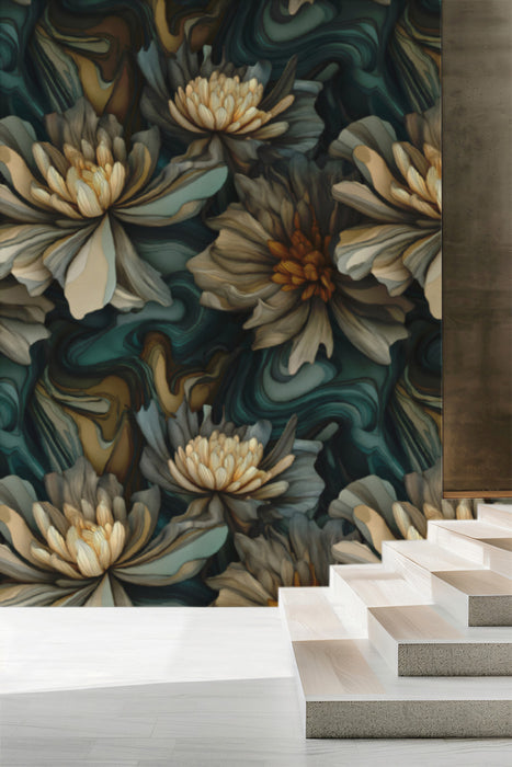 Artistic Floral Mural Wallpaper | Teal & Gold Abstract Peony