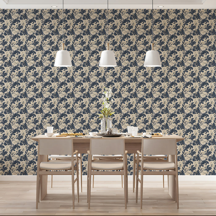 Classic Filigree Mural Wallpaper | Navy & Beige Vine Repeat
