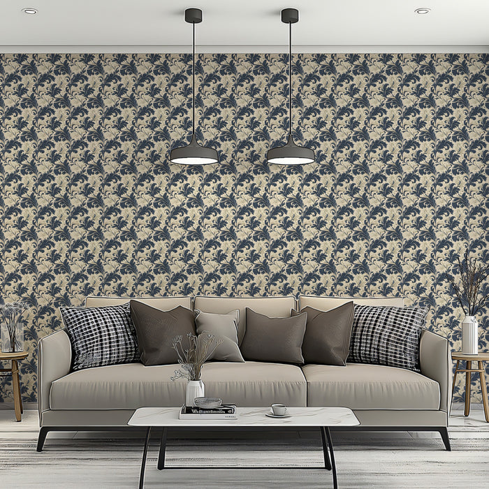 Classic Filigree Mural Wallpaper | Navy & Beige Vine Repeat