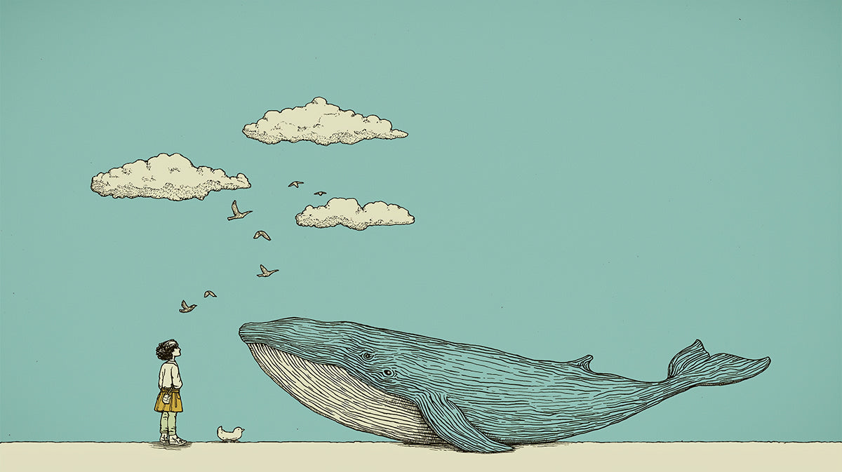 Whimsical Animal Mural Wallpaper | Blue Whale & Birds Sketch