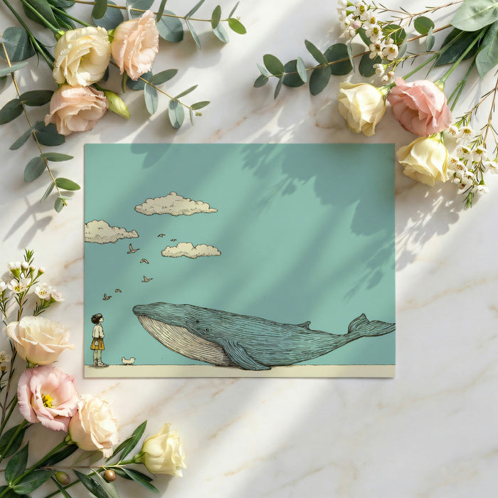 Whimsical Animal Mural Wallpaper | Blue Whale & Birds Sketch