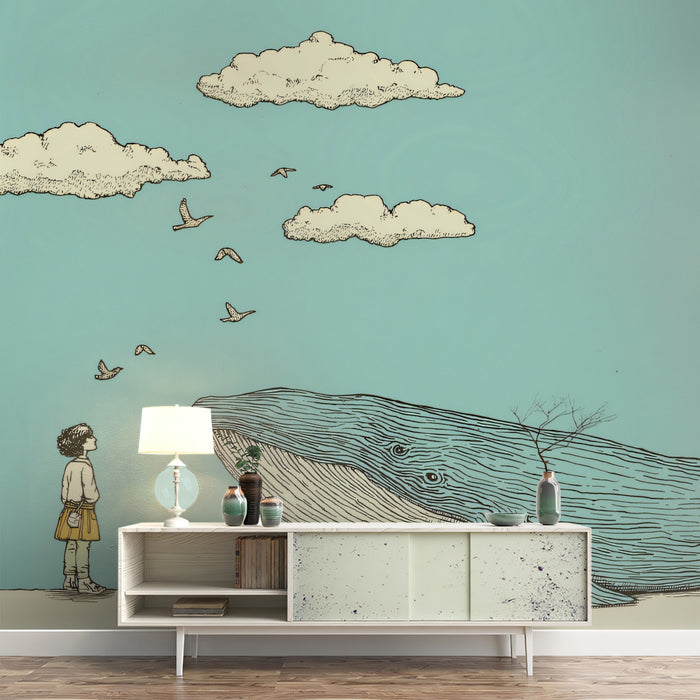 Whimsical Animal Mural Wallpaper | Blue Whale & Birds Sketch