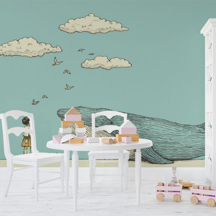 Whimsical Animal Mural Wallpaper | Blue Whale & Birds Sketch