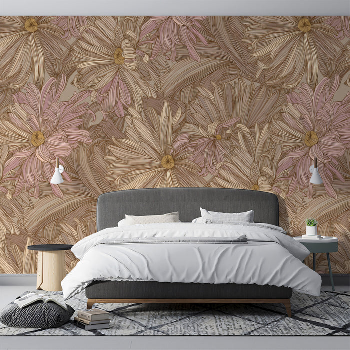 Vintage Sketch Mural Wallpaper | Muted Mauve Blooms