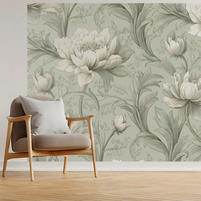 Classical Foliage Mural Wallpaper | Sage Green Peony