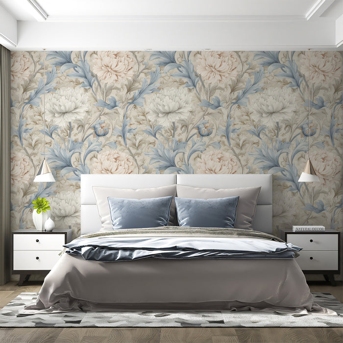 Victorian Botanical Mural Wallpaper | Light Blue & Cream Bloom