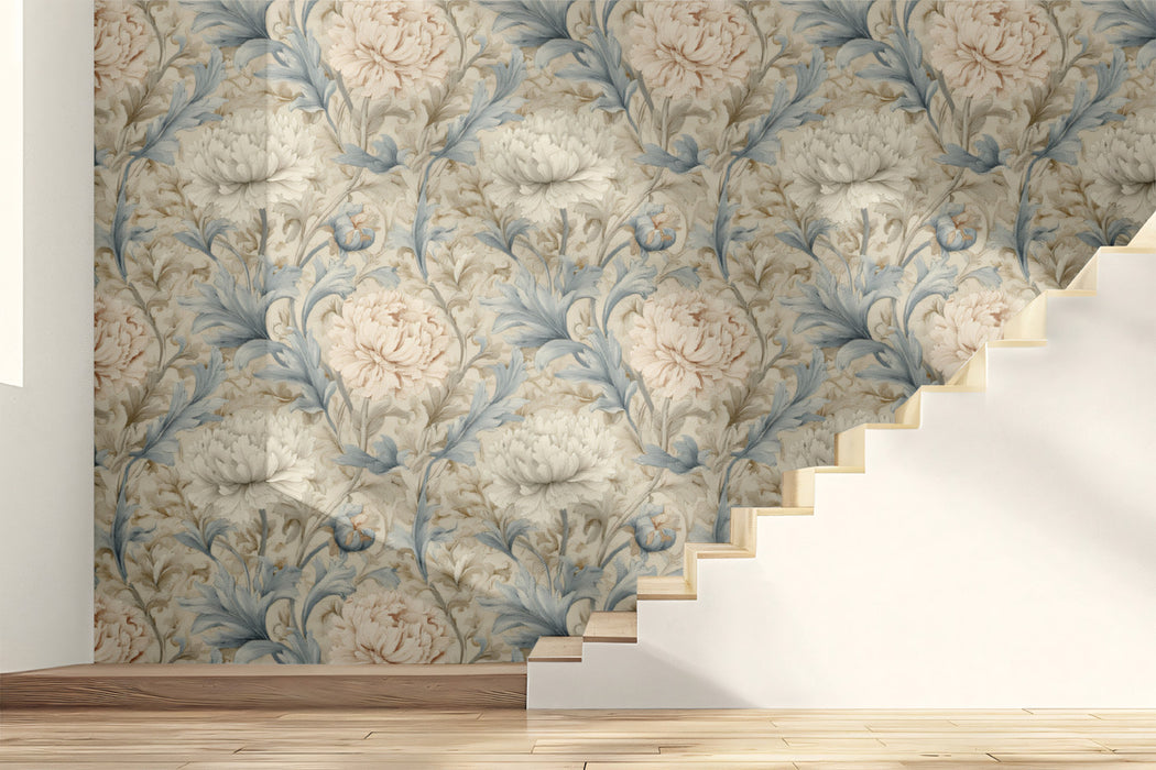 Victorian Botanical Mural Wallpaper | Light Blue & Cream Bloom