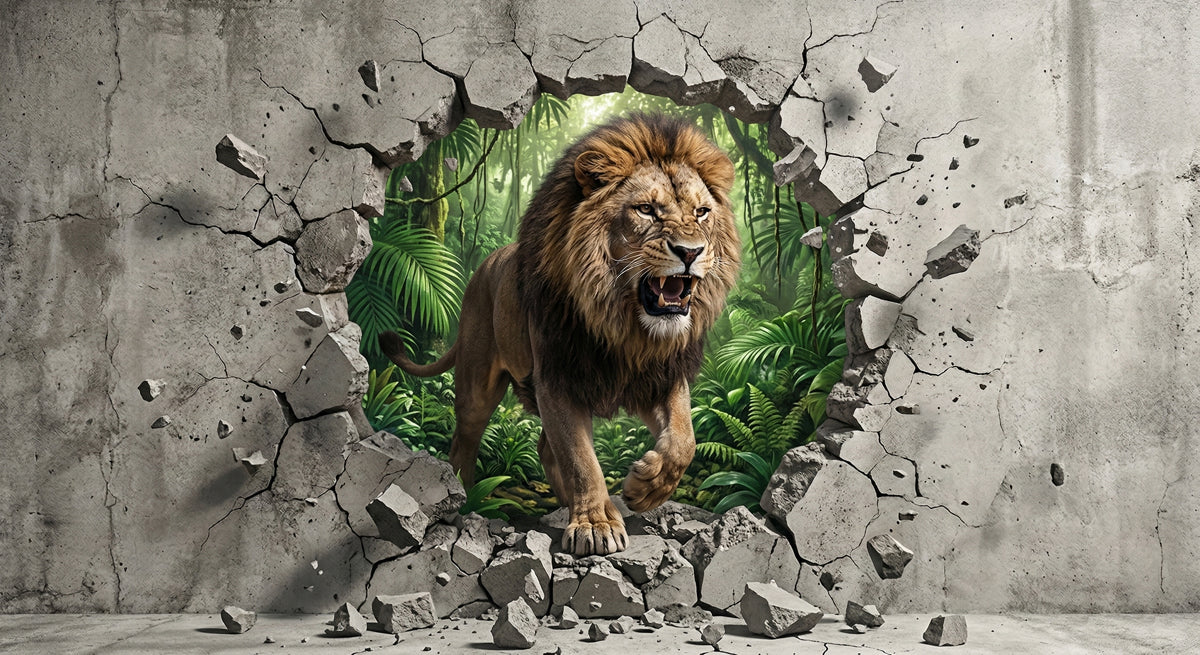 3D Roaring Lion Breaking Through Concrete Wall Mural
