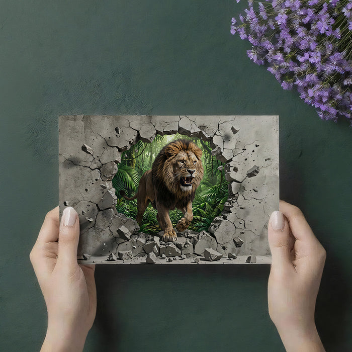 3D Roaring Lion Breaking Through Concrete Wall Mural