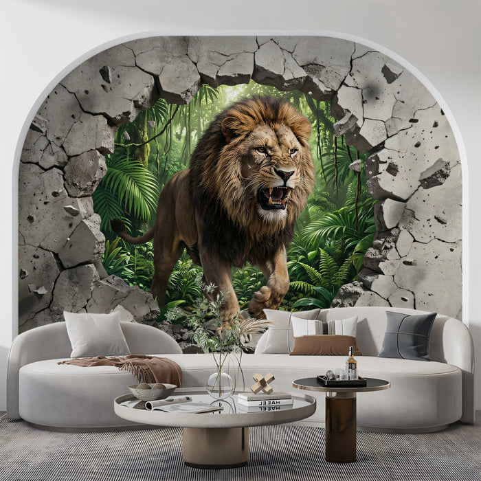 3D Roaring Lion Breaking Through Concrete Wall Mural