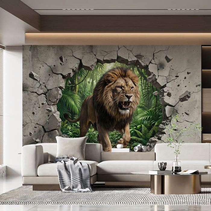 3D Roaring Lion Breaking Through Concrete Wall Mural
