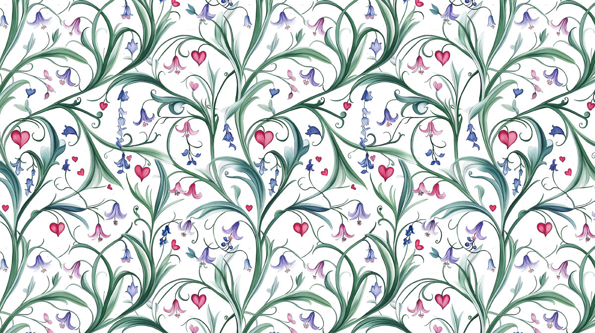 Whimsical Entwined Lilies and Hearts Pattern Wallpaper