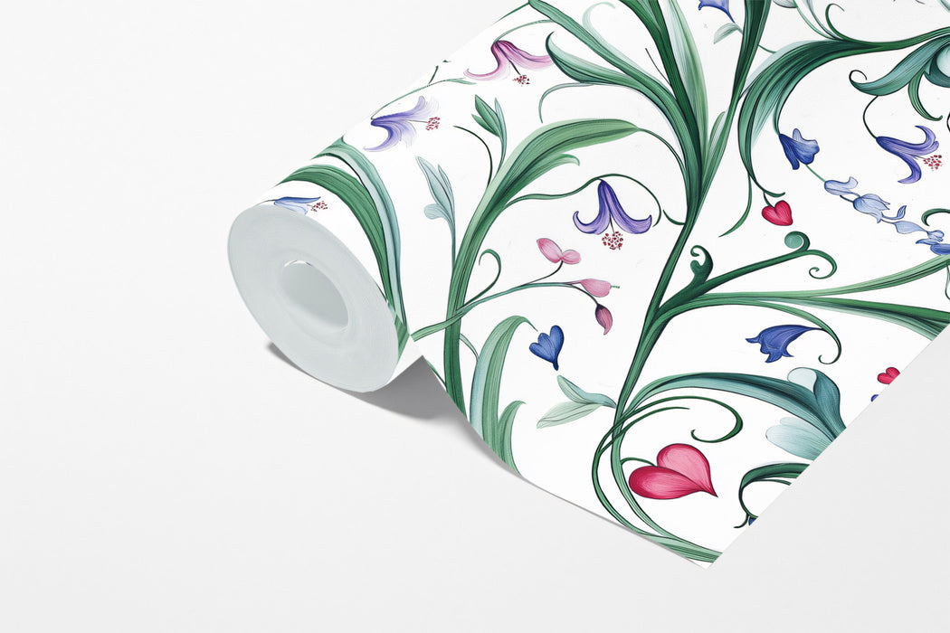 Whimsical Entwined Lilies and Hearts Pattern Wallpaper