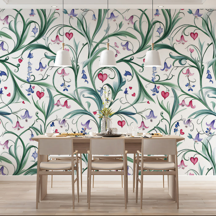 Whimsical Entwined Lilies and Hearts Pattern Wallpaper