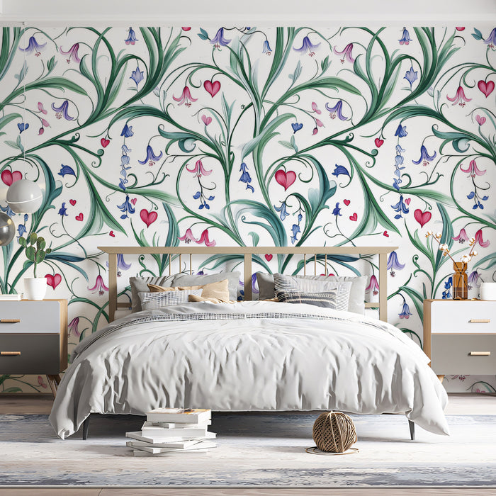 Whimsical Entwined Lilies and Hearts Pattern Wallpaper