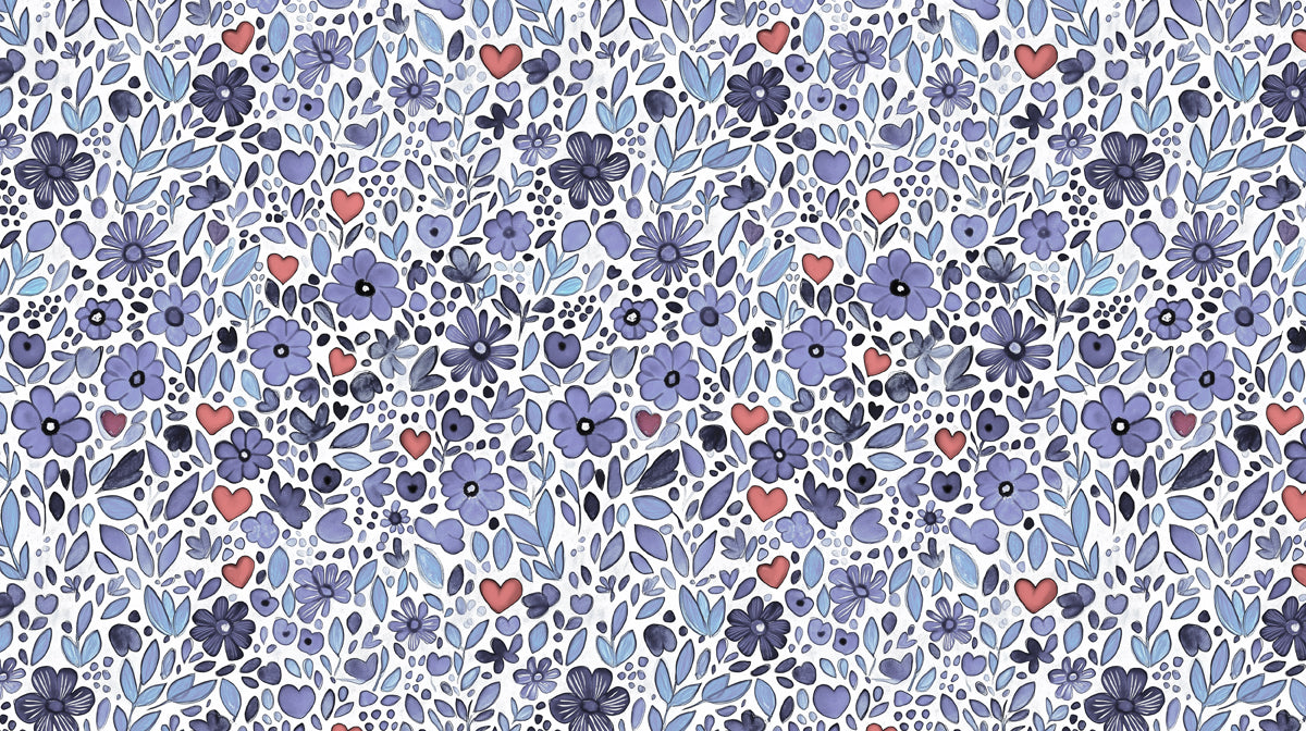 Whimsical Purple Watercolor Floral and Hearts Pattern Wallpaper