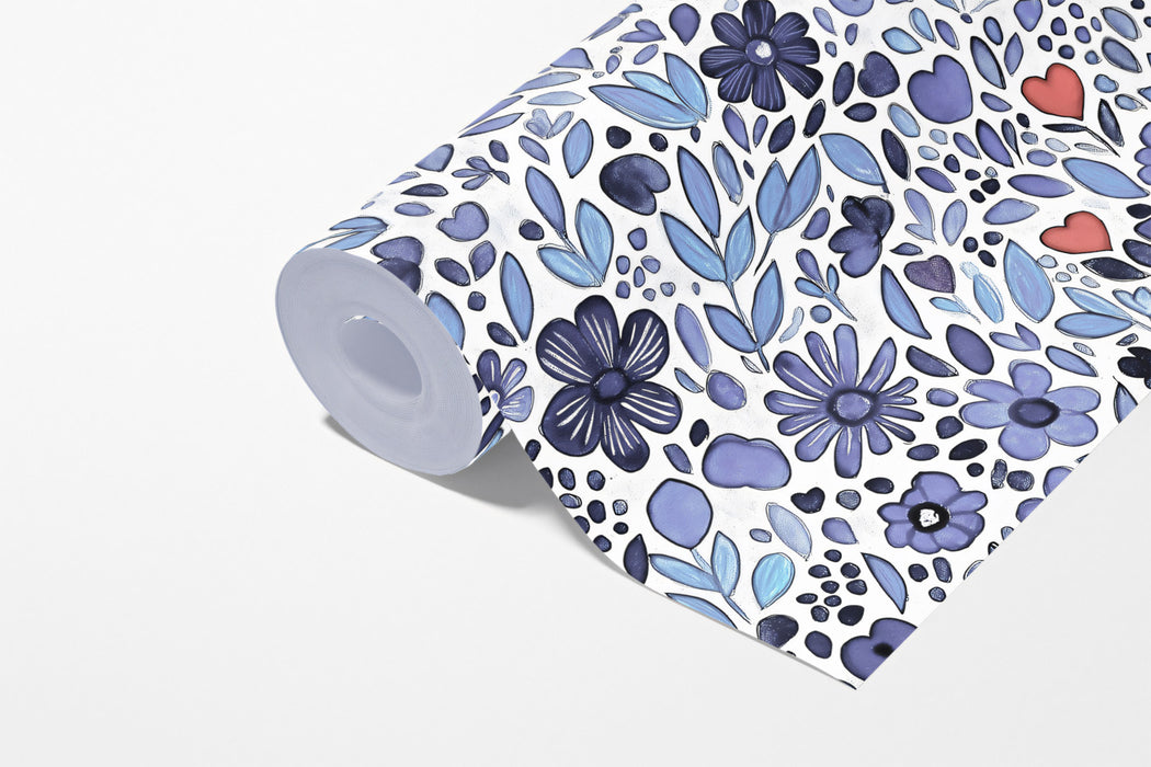 Whimsical Purple Watercolor Floral and Hearts Pattern Wallpaper
