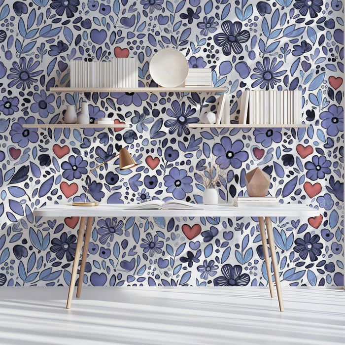 Whimsical Purple Watercolor Floral and Hearts Pattern Wallpaper