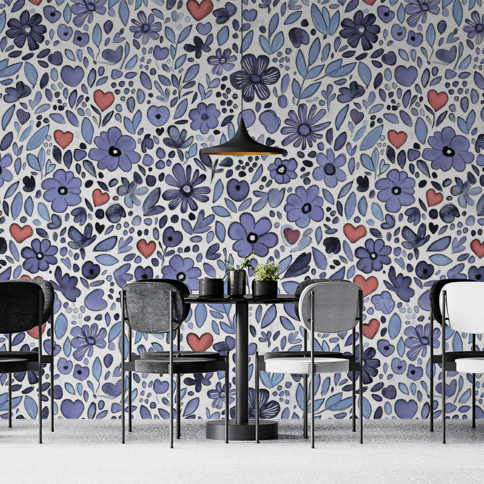 Whimsical Purple Watercolor Floral and Hearts Pattern Wallpaper