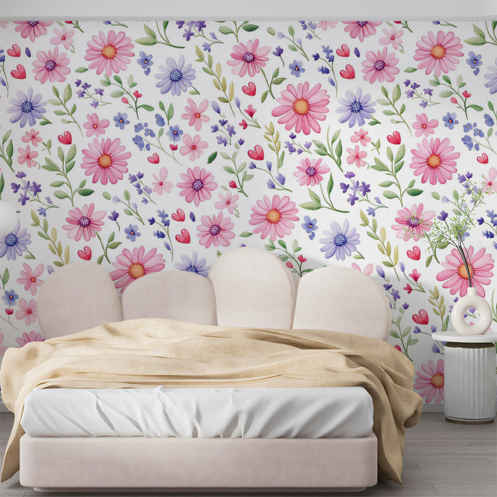 Whimsical Pink and Purple Watercolor Field of Flowers Wallpaper