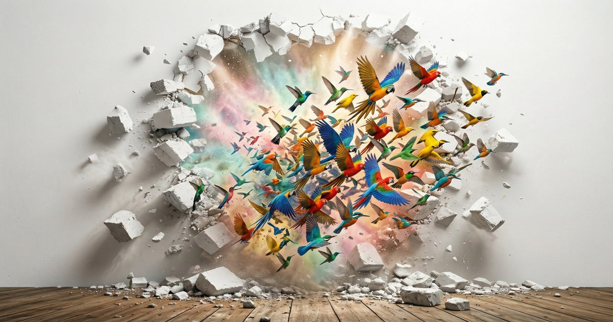 3D Vibrant Hummingbirds Breaking Through Wall Mural