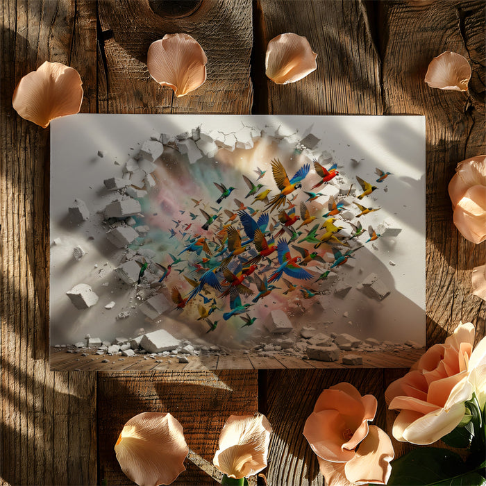 3D Vibrant Hummingbirds Breaking Through Wall Mural