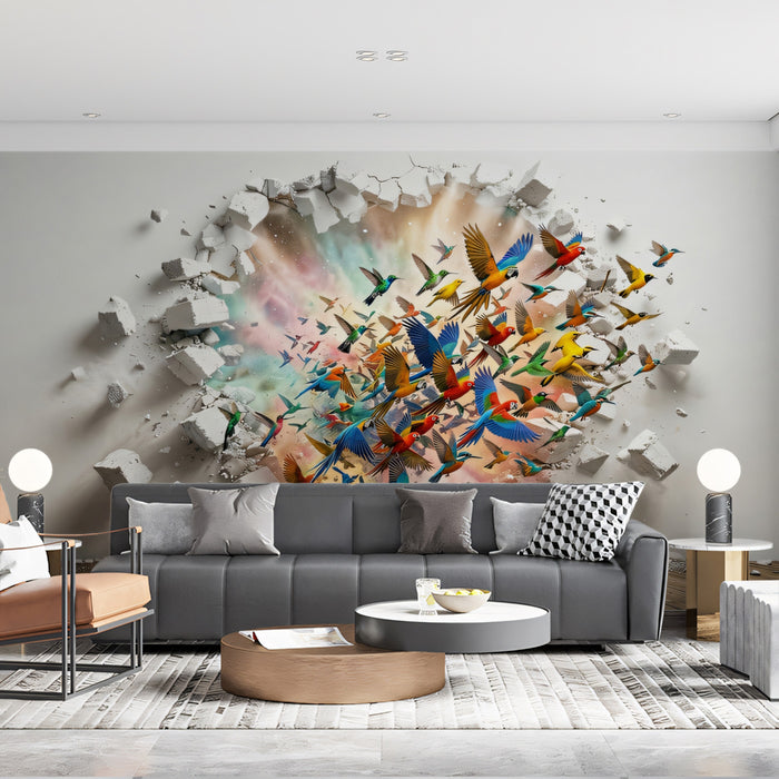 3D Vibrant Hummingbirds Breaking Through Wall Mural
