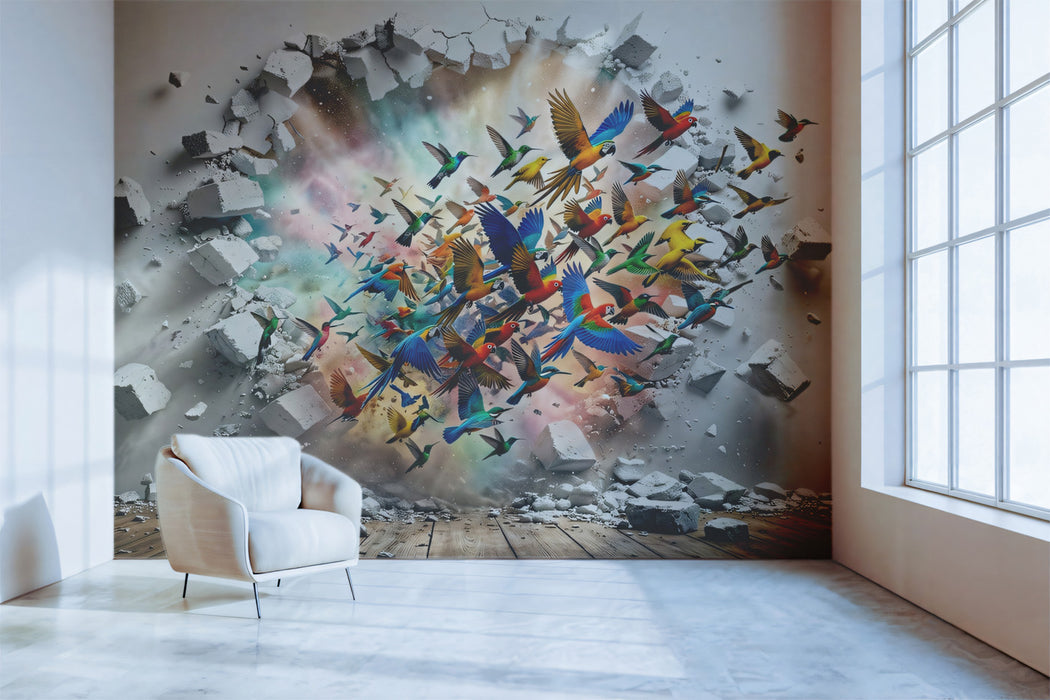 3D Vibrant Hummingbirds Breaking Through Wall Mural